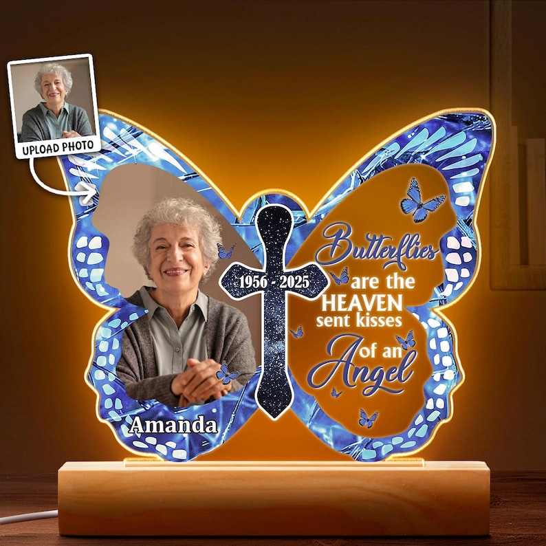 Custom Memorial LED Light with Butterfly Design, Personalized Memorial Decor, Photo & Name Engraved Gift for Loved Ones