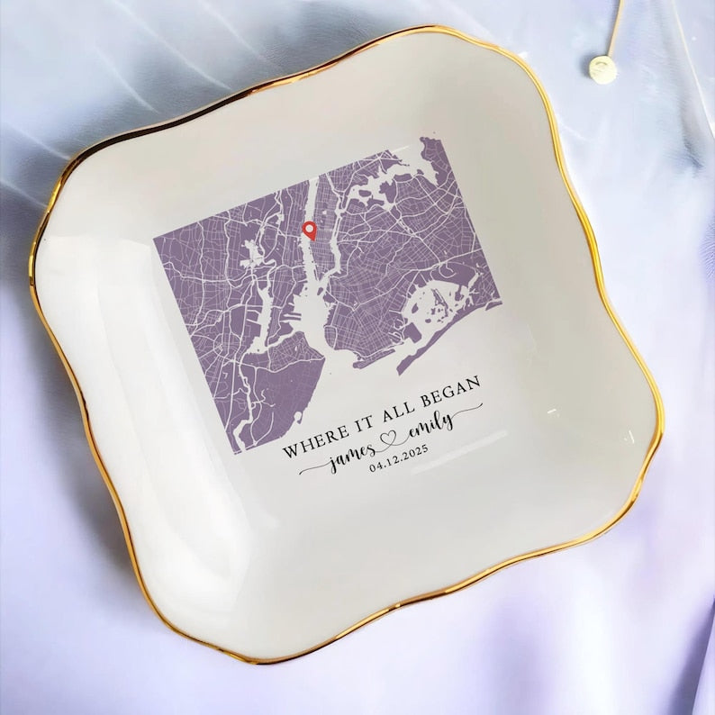 Custom Anniversary Gift, Personalized Location Map Jewelry Dish Where It All Began, Map With Coordinates, Newly Engaged Gift, Couples Gift
