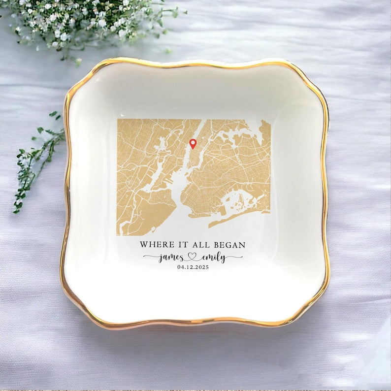 Custom Anniversary Gift, Personalized Location Map Jewelry Dish Where It All Began, Map With Coordinates, Newly Engaged Gift, Couples Gift