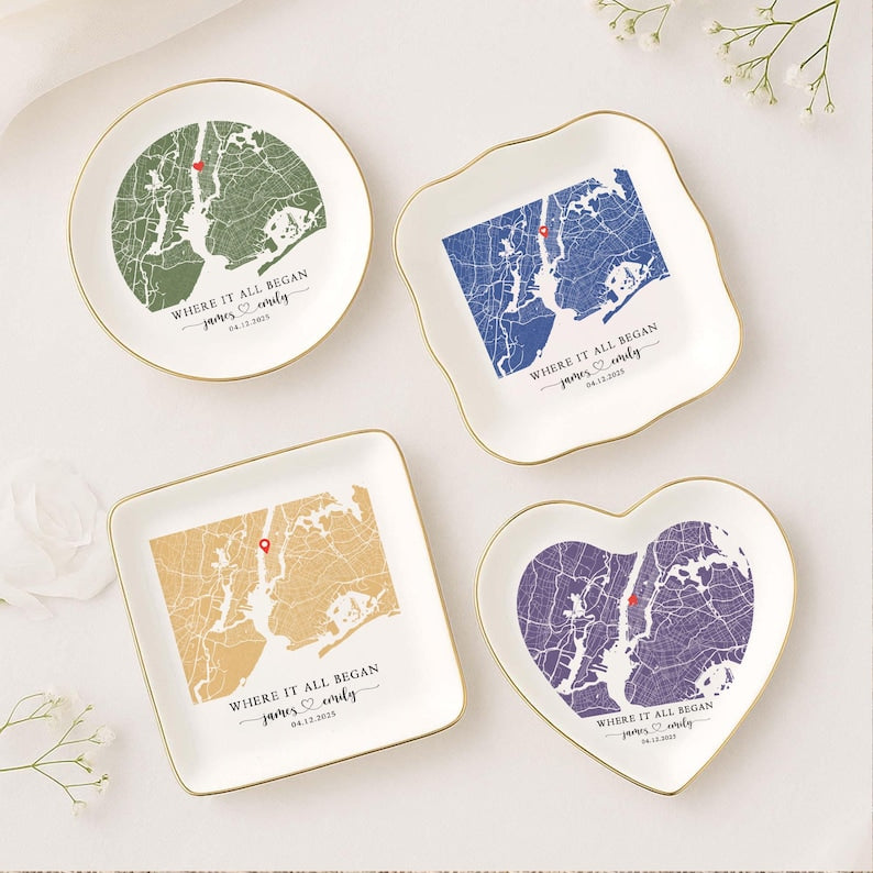 Custom Anniversary Gift, Personalized Location Map Jewelry Dish Where It All Began, Map With Coordinates, Newly Engaged Gift, Couples Gift