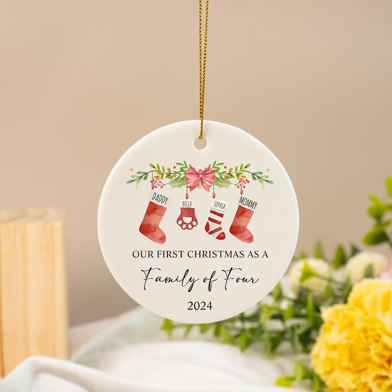 Our First Christmas As A Four, Baby First Christmas Tree Ornament with Pet, First Christmas as a Family of 4, Ceramic Bauble Keepsake Gift
