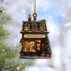 Personalized Coffee Shop Ornament 2025 Custom Cafe Name Christmas Tree Decoration Holiday Gift for Barista, Coffee Lovers