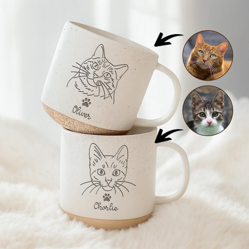 Personalized Cat Photo Engraved Pottery Mug with Name, Custom Pet Mug, Pet Lover Gift, Gift for Cat Mom, Cat Dad, Dog Lovers, Family Gifts