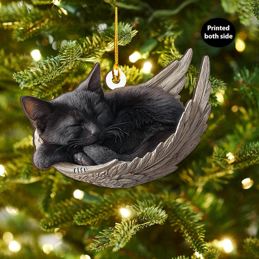 Personalized Black Cat Angel Ash Plywood Ornament, Flat 2D Holiday Tree Decor Gift for Cat Lovers, Pet Memorial Families Keepsake Gift Idea