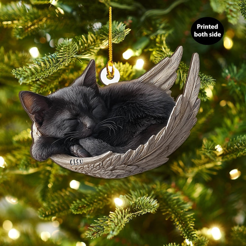 Personalized Black Cat Angel Ash Plywood Ornament, Flat 2D Holiday Tree Decor Gift for Cat Lovers, Pet Memorial Families Keepsake Gift Idea