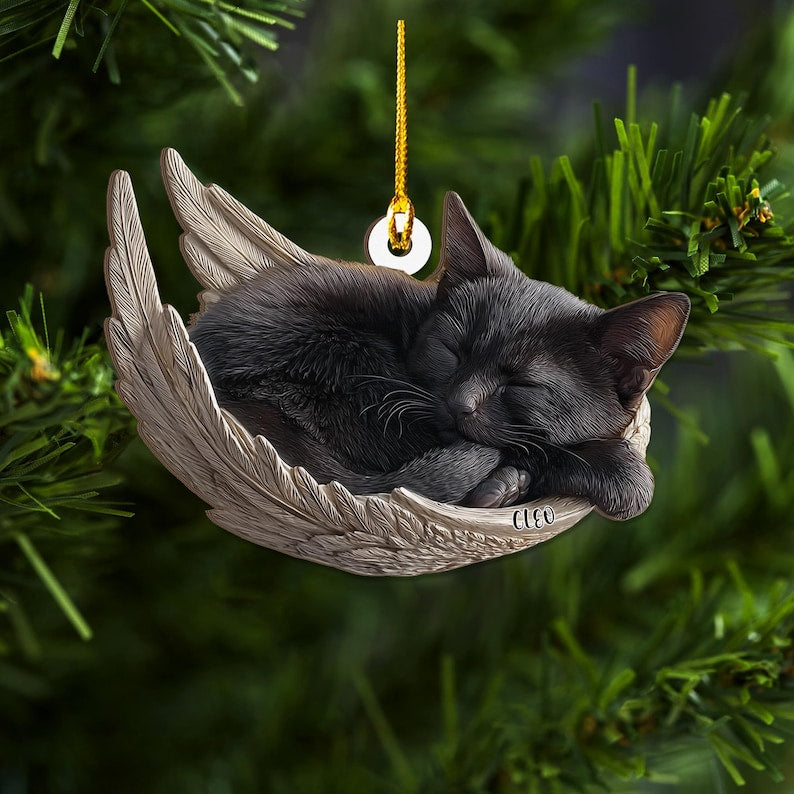 Personalized Black Cat Angel Ash Plywood Ornament, Flat 2D Holiday Tree Decor Gift for Cat Lovers, Pet Memorial Families Keepsake Gift Idea