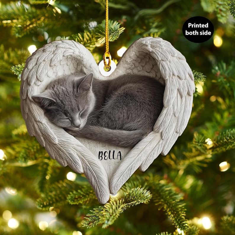 Personalized Gray Cat Angel Ash Plywood Ornament, Flat 2D Holiday Tree Decor Gift for Cat Lovers, Pet Memorial Families Keepsake Gift Idea