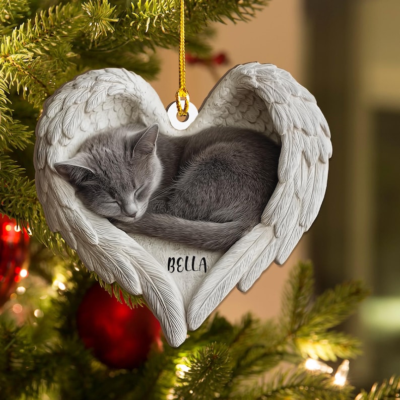 Personalized Gray Cat Angel Ash Plywood Ornament, Flat 2D Holiday Tree Decor Gift for Cat Lovers, Pet Memorial Families Keepsake Gift Idea