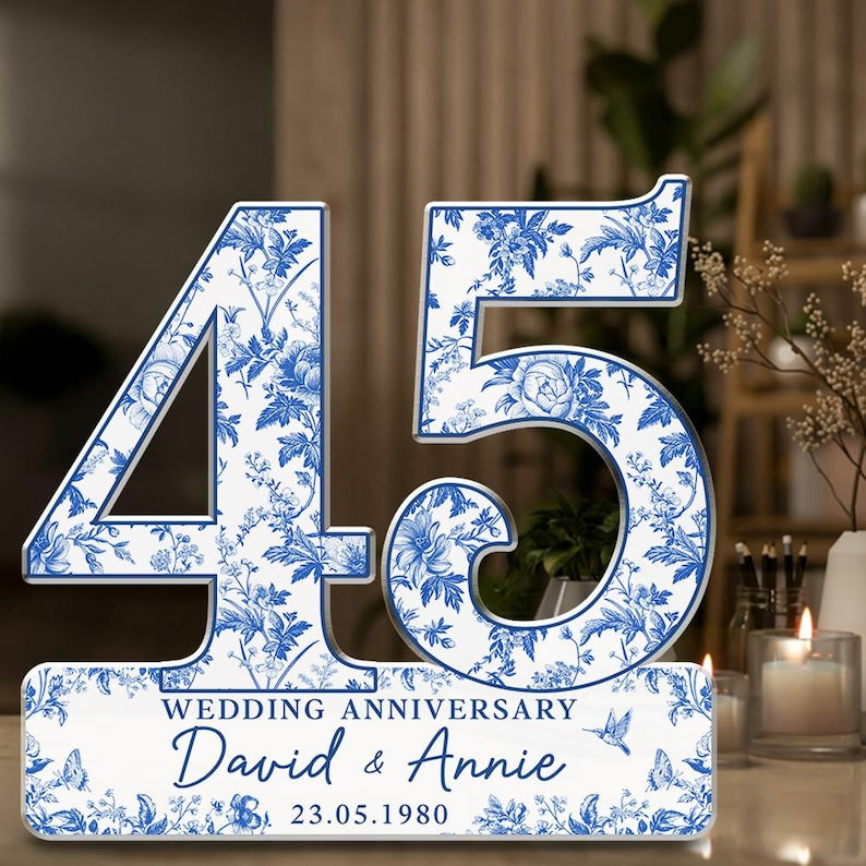 45th Wedding Anniversary Blue Toile Acrylic Plaque Gift for Husband, Personalized Couple's Name Date Sapphire Anniversary, Gift for Couple