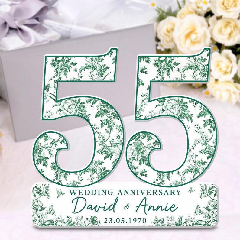 55th Wedding Anniversary Blue Toile Acrylic Plaque Gift for Husband, Personalized Couples Name Date Emerald Anniversary Gift for Couple