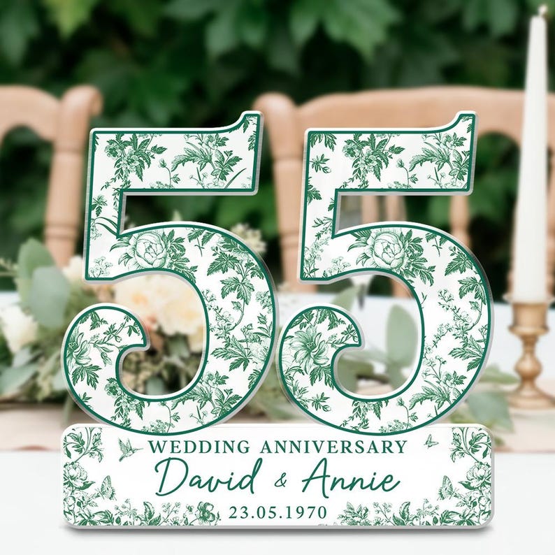 55th Wedding Anniversary Blue Toile Acrylic Plaque Gift for Husband, Personalized Couples Name Date Emerald Anniversary Gift for Couple