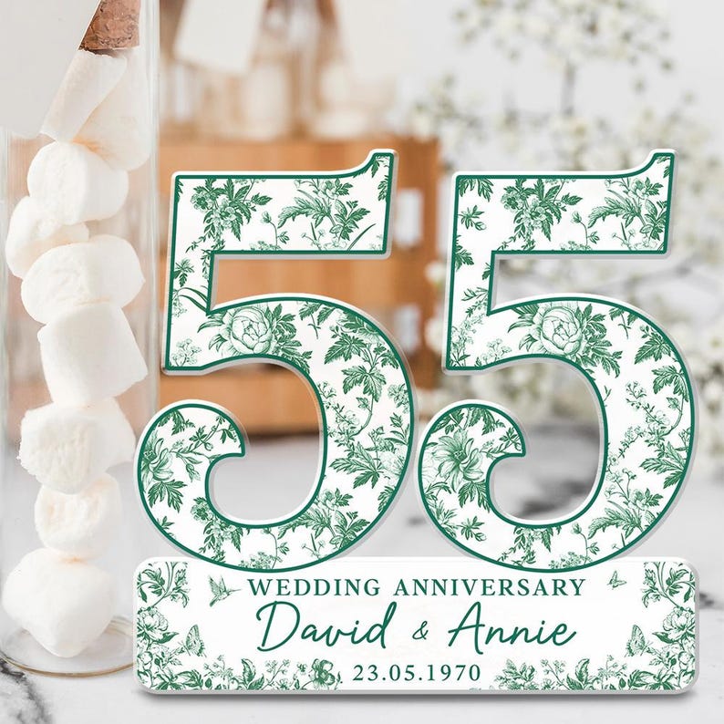 55th Wedding Anniversary Blue Toile Acrylic Plaque Gift for Husband, Personalized Couples Name Date Emerald Anniversary Gift for Couple