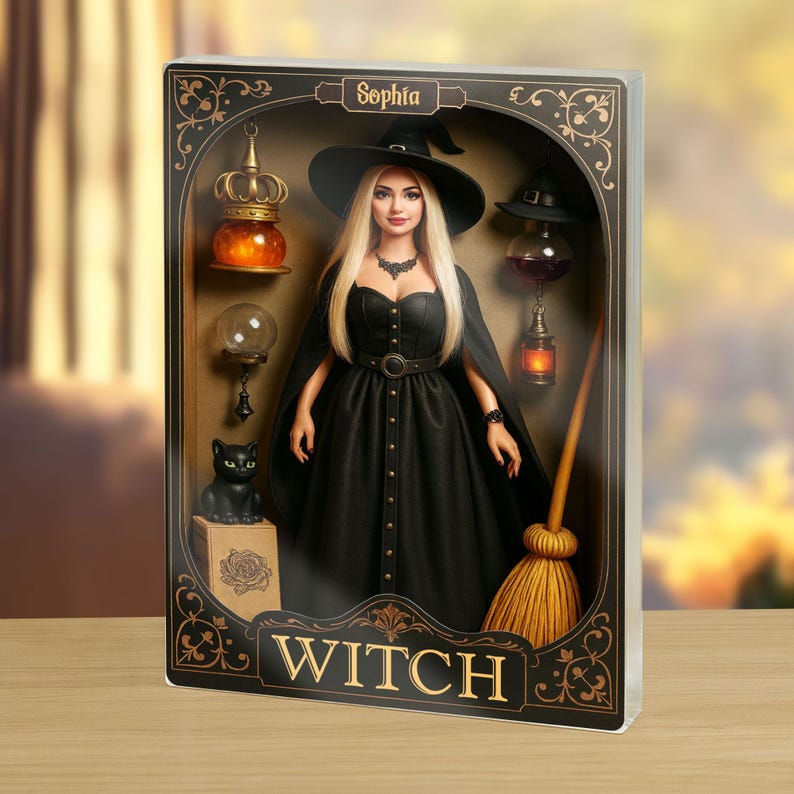 Personalized Witch Doll Halloween Acrylic Block, Custom Name Figurine Witch Box Decor, Gothic Black Cat & Broom Spooky Collectible Gift