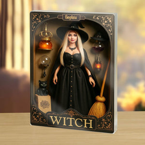 Personalized Witch Doll Halloween Acrylic Block, Custom Name Figurine Witch Box Decor, Gothic Black Cat & Broom Spooky Collectible Gift