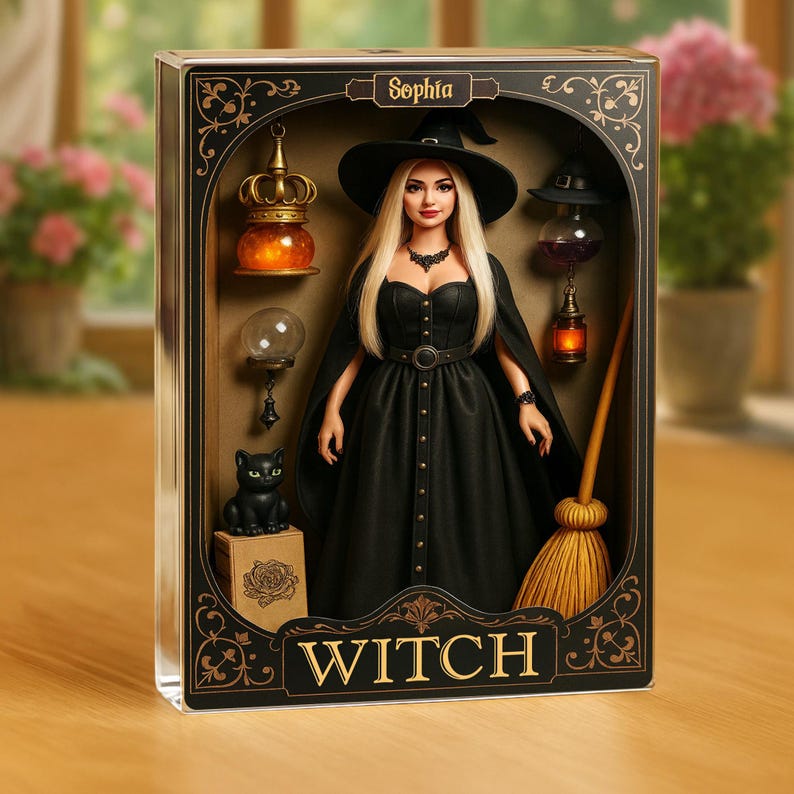 Personalized Witch Doll Halloween Acrylic Block, Custom Name Figurine Witch Box Decor, Gothic Black Cat & Broom Spooky Collectible Gift