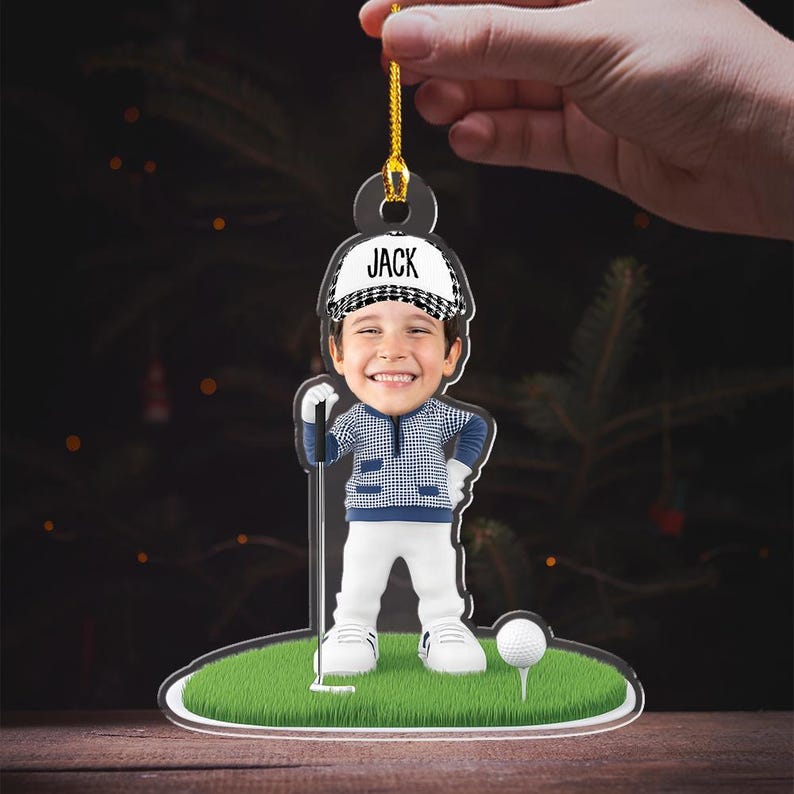 Personalized Child Golfer On Course Ornament, Golf Kid Ornament, Golf Lover Christmas Ornament, Christmas Acrylic Gift, 2D Flat Acrylic Ornament