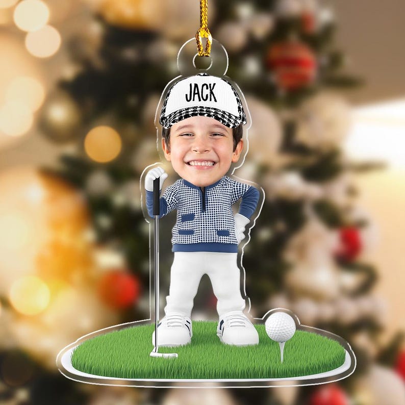 Personalized Child Golfer On Course Ornament, Golf Kid Ornament, Golf Lover Christmas Ornament, Christmas Acrylic Gift, 2D Flat Acrylic Ornament