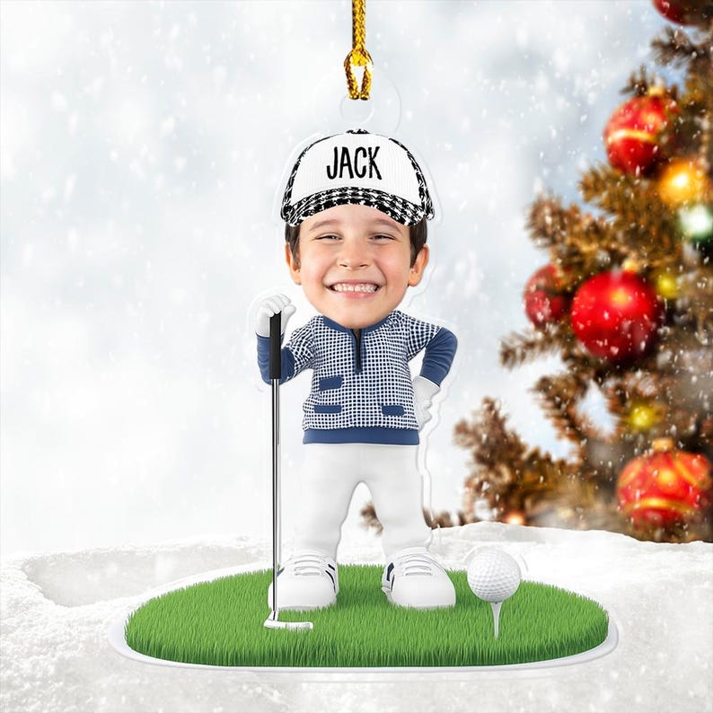 Personalized Child Golfer On Course Ornament, Golf Kid Ornament, Golf Lover Christmas Ornament, Christmas Acrylic Gift, 2D Flat Acrylic Ornament