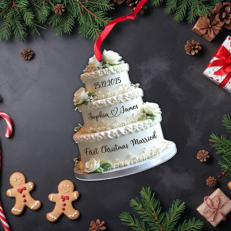 Personalized Wedding Cake First Christmas Married Ornament, Custom Name Ornament, Mr Mrs Ornament, Wedding Ornament, Wedding Cake 2D Flat