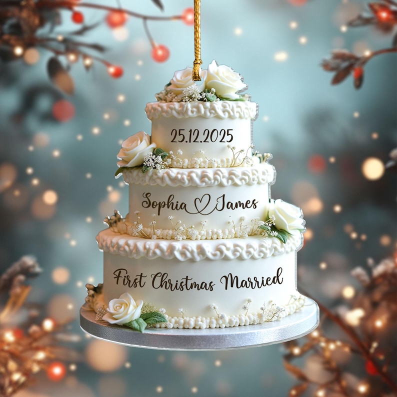 Personalized Wedding Cake First Christmas Married Ornament, Custom Name Ornament, Mr Mrs Ornament, Wedding Ornament, Wedding Cake 2D Flat