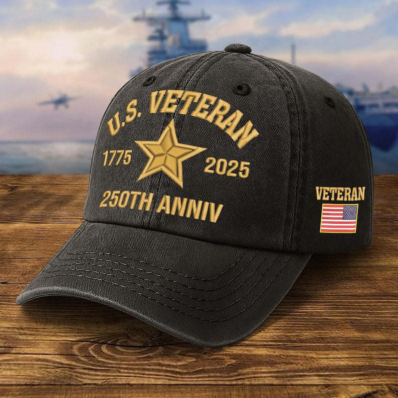 Embroidered Veteran Hats - 250th Anniv Military Cap, Embroidered Patch Design, Adjustable Baseball Cap, Father's Day Gift, Vets Gifts