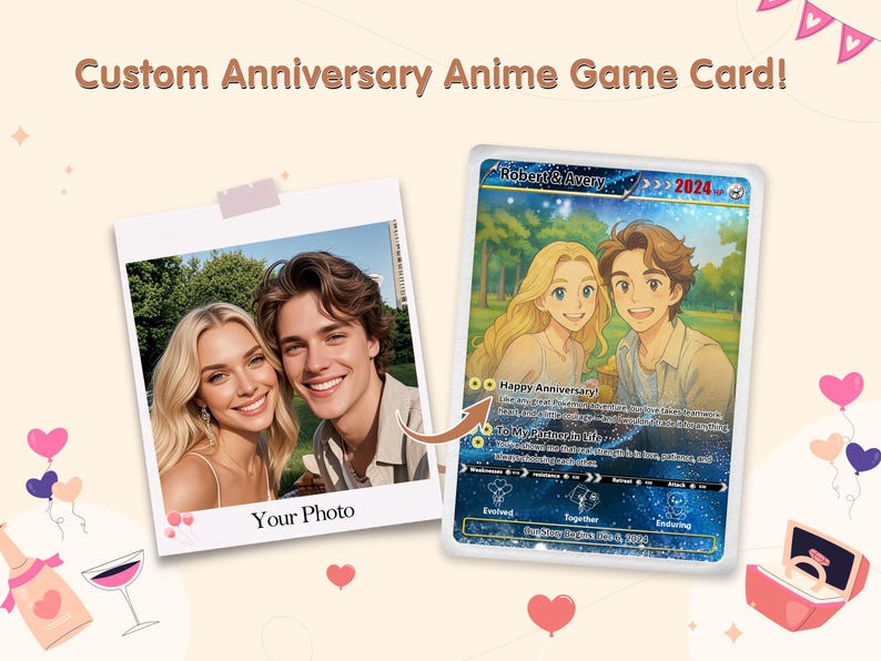 Personalized PKM Anniversary Card, Custom Anime Photo Card, Anniversary Gift, Game Couple Cards, Gift for Game Couples, Gift for Him