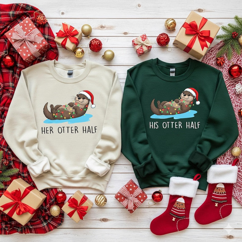 Matching Christmas Couples Sweaters, Funny His Hers Otter Half Holiday Sweater, Cozy Xmas Crewneck Gift for Him & Her, Festive Couple Gifts
