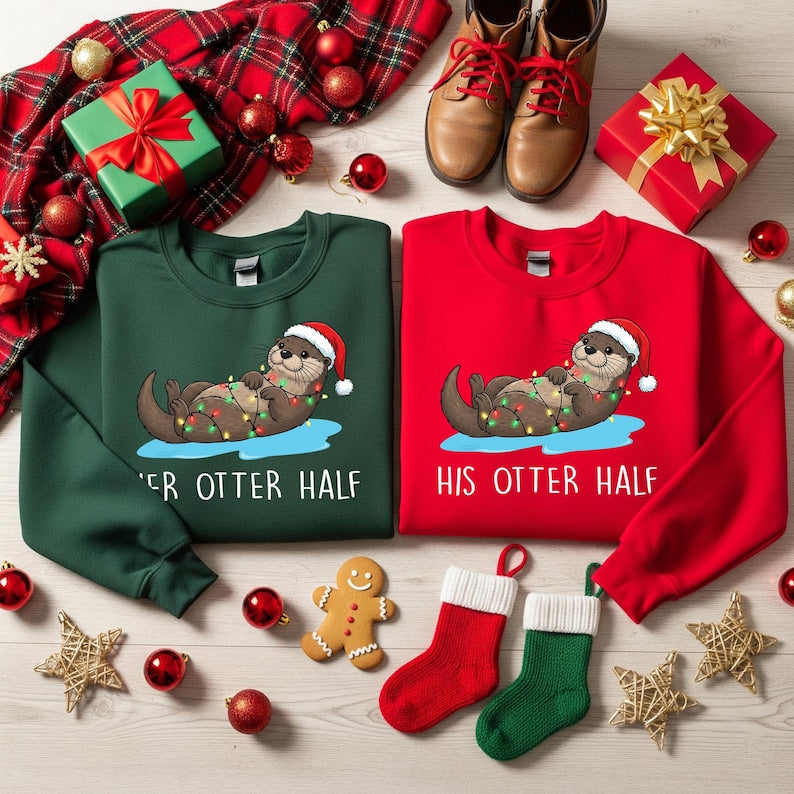 Matching Christmas Couples Sweaters, Funny His Hers Otter Half Holiday Sweater, Cozy Xmas Crewneck Gift for Him & Her, Festive Couple Gifts