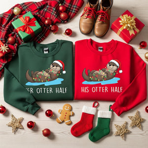 Matching Christmas Couples Sweaters, Funny His Hers Otter Half Holiday Sweater, Cozy Xmas Crewneck Gift for Him & Her, Festive Couple Gifts
