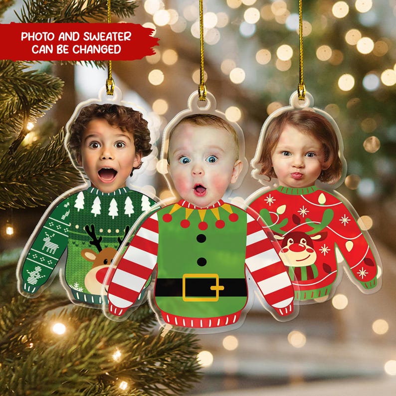 Funny Kid Ugly Sweater Ornament, Personalized Face Ornament, Custom Photo Christmas Gift, Grandkid Holiday Keepsake Decoration