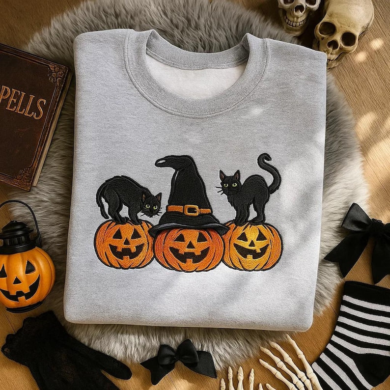 Halloween Black Cat Embroidered Sweatshirt, Cute Pumpkin Fall Crewneck, Autumn Spooky Season Top, Cat Lover Halloween Gift Shirt il_794xN.7170447068_fyvd.jpg