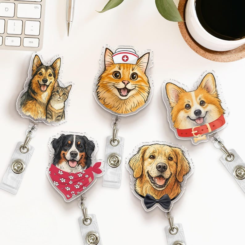 Custom Pet Badge Reel, Dog Portrait Photo Badge Reel, Cat Face Badge Reel, Nurse Badge Reel, Retractable Badge Holder, ID Badge Buddy