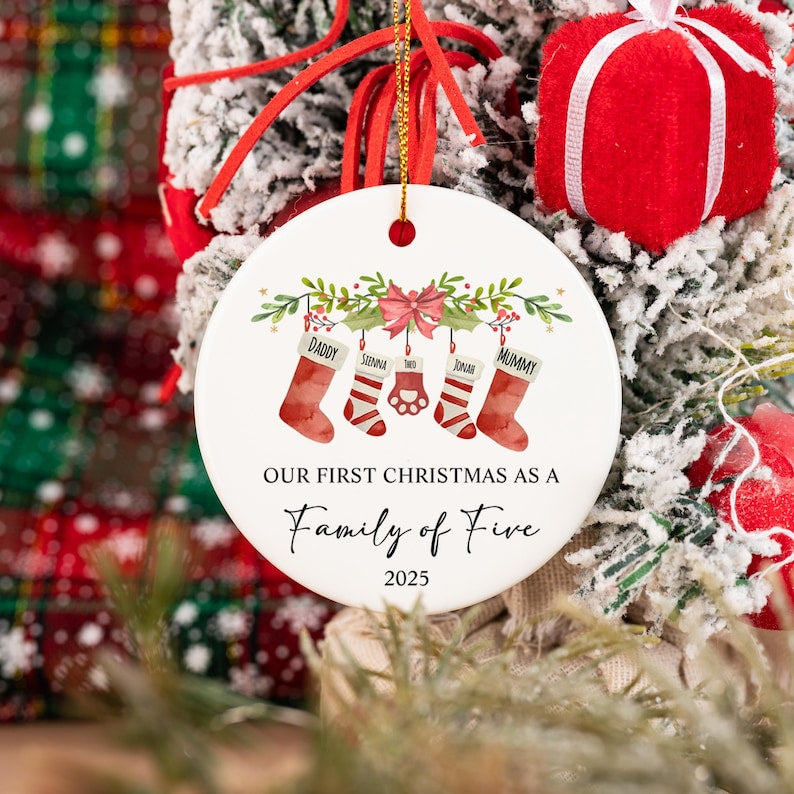 Our First Christmas As A Four, Baby First Christmas Tree Ornament with Pet, First Christmas as a Family of 4, Ceramic Bauble Keepsake Gift