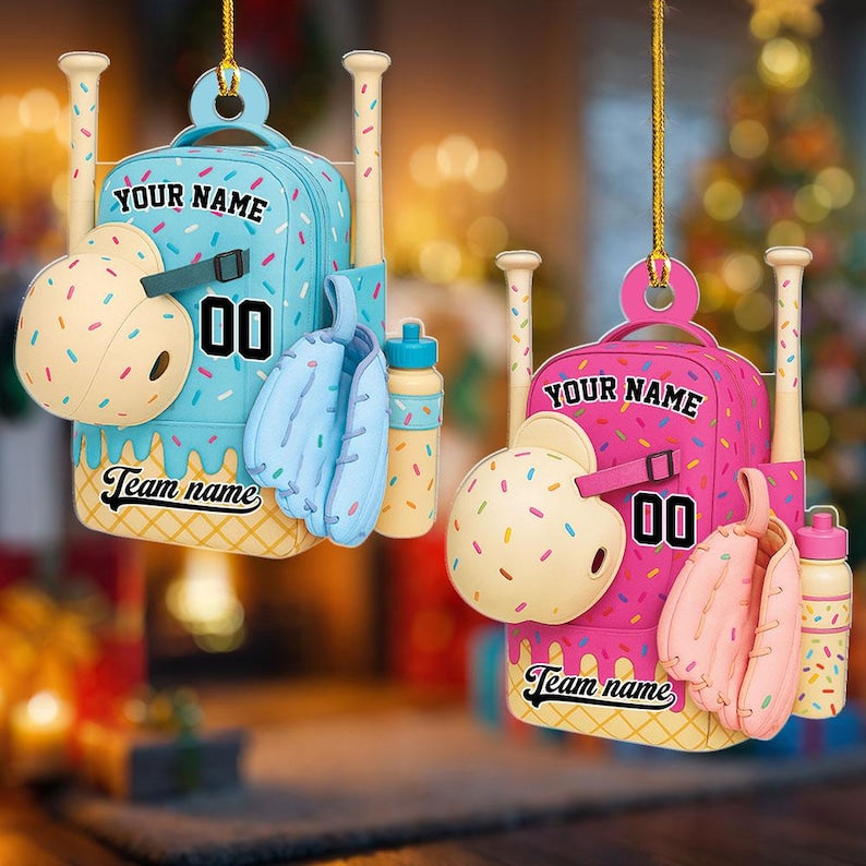 Baseball Bag Personalized Christmas Ornament Ice Cream Drip Baseball With Name Number Ornament Custom Name Baseball Team Gift Drip Sprinkles