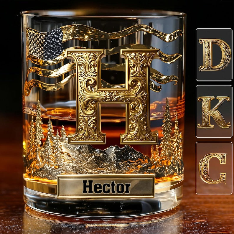 Custom Alphabet Initial For Whiskey Lovers Glass, Personalized Whiskey Glass Gold, Monogram Whiskey Glass Gold, Vintage Barware Decor