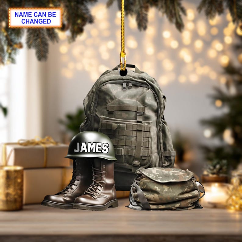 Custom Name Military Uniform Boots & Helmet V3 Christmas Ornament, Christmas Tree Hanging Decor,Flat 2D Ornament Acrylic/Wooden,Veteran Gift