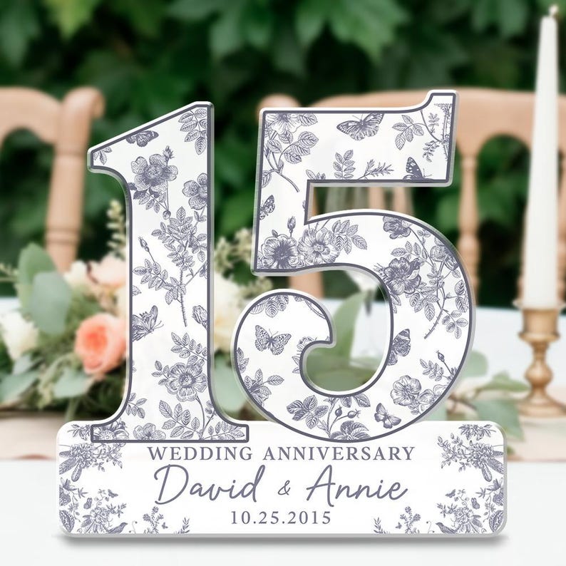 15th Wedding Anniversary Blue Toile Acrylic Plaque Gift for Husband, Personalized Couples Name Date Crystal Anniversary, Gift for Couple