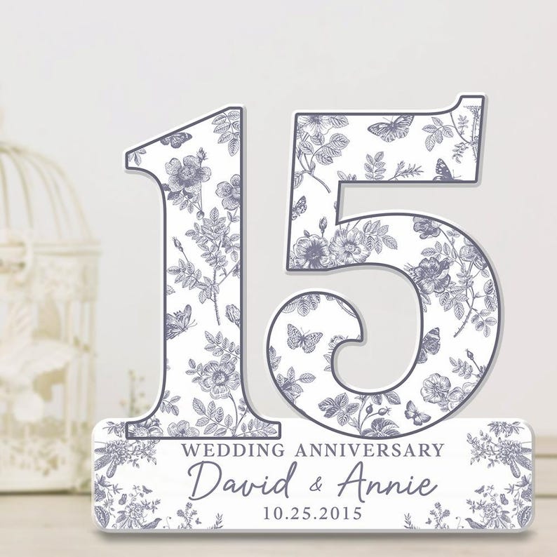15th Wedding Anniversary Blue Toile Acrylic Plaque Gift for Husband, Personalized Couples Name Date Crystal Anniversary, Gift for Couple