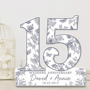 15th Wedding Anniversary Blue Toile Acrylic Plaque Gift for Husband, Personalized Couples Name Date Crystal Anniversary, Gift for Couple
