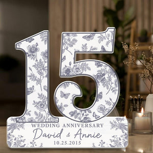 15th Wedding Anniversary Blue Toile Acrylic Plaque Gift for Husband, Personalized Couples Name Date Crystal Anniversary, Gift for Couple