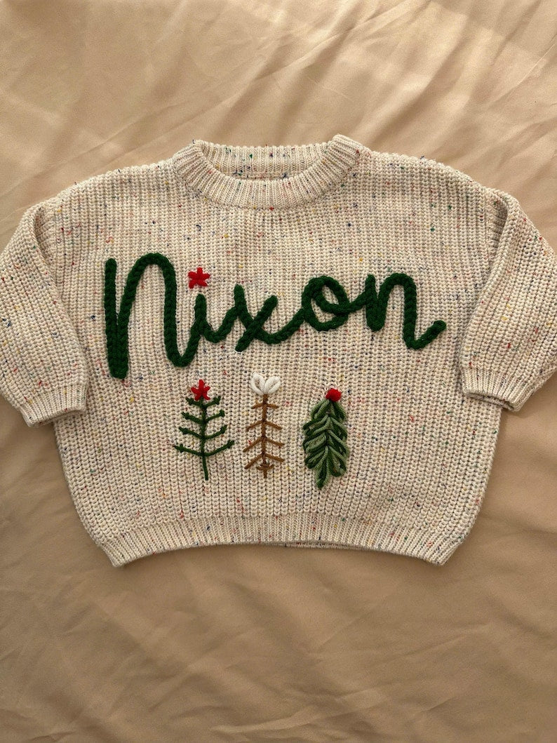 Hand Embroidered Baby Name Christmas Sweater for Baby Boys and Toddler Boys, Baby Toddler Custom Holiday Sweater, Christmas Baby Outfit