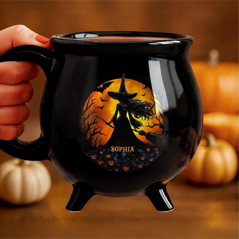 Personalized Witch Cauldron Mug: Gothic Halloween Coffee Cup