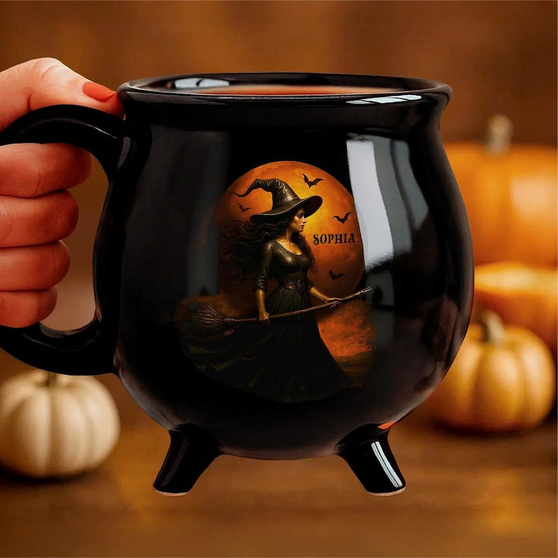 Personalized Witch Cauldron Mug: Gothic Halloween Coffee Cup