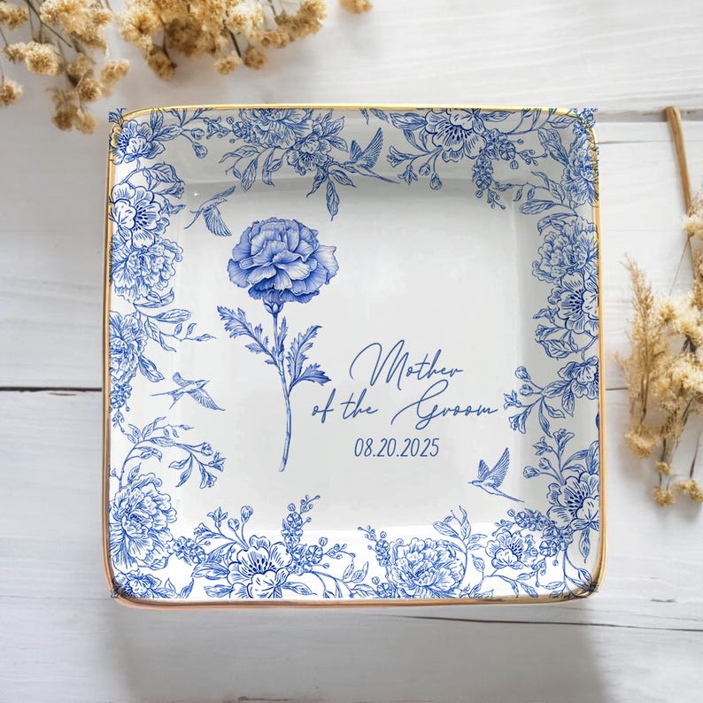 Custom Jewelry Dish For Mother Of The Groom, To My Mother in Law On Wedding Day, Toile De Jouy Gift For Mother in Law, Mom Flower Ring Dish