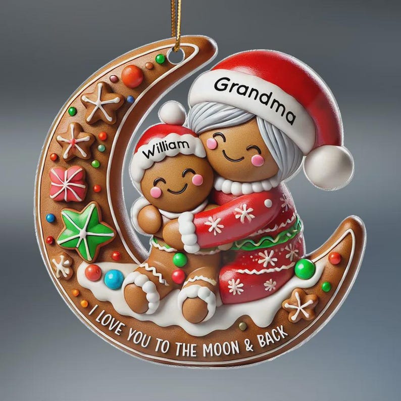 Personalized Gingerbread Grandma & Grandchild Moon Ornament: Christmas Keepsake