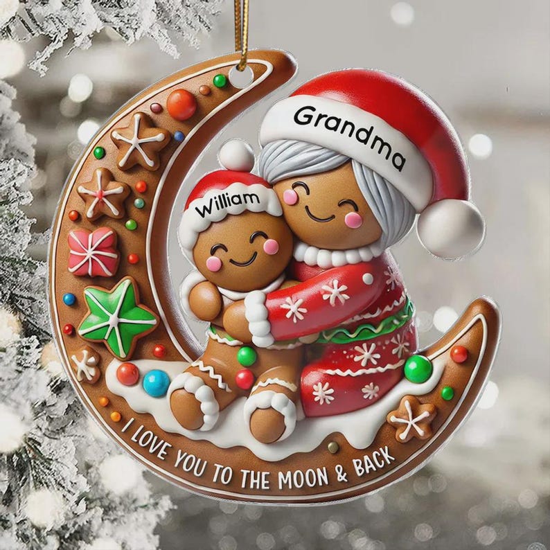 Personalized Gingerbread Grandma & Grandchild Moon Ornament: Christmas Keepsake