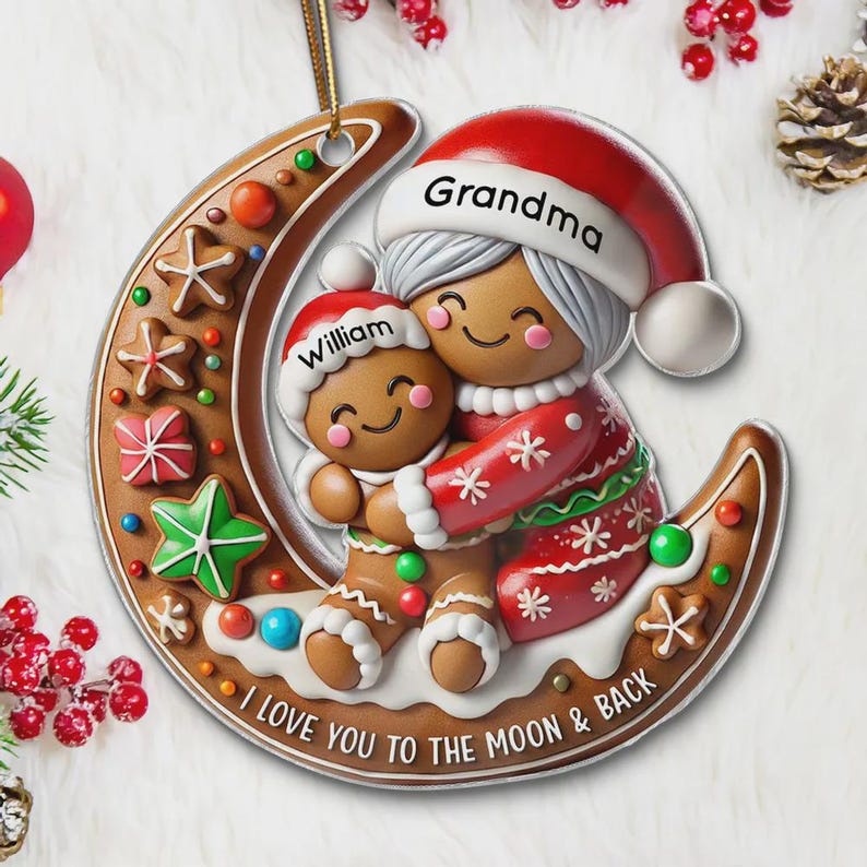 Personalized Gingerbread Grandma & Grandchild Moon Ornament: Christmas Keepsake