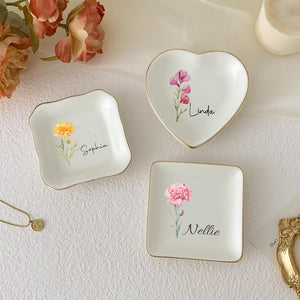 Personalized Birthflower Jewelry Dish/ Bridesmaid Gifts/ Engagement Ring Dish/ Birthday Gift for Her/ Graduation Gift/ Bridal Shower Gift/ Gift for Mom
