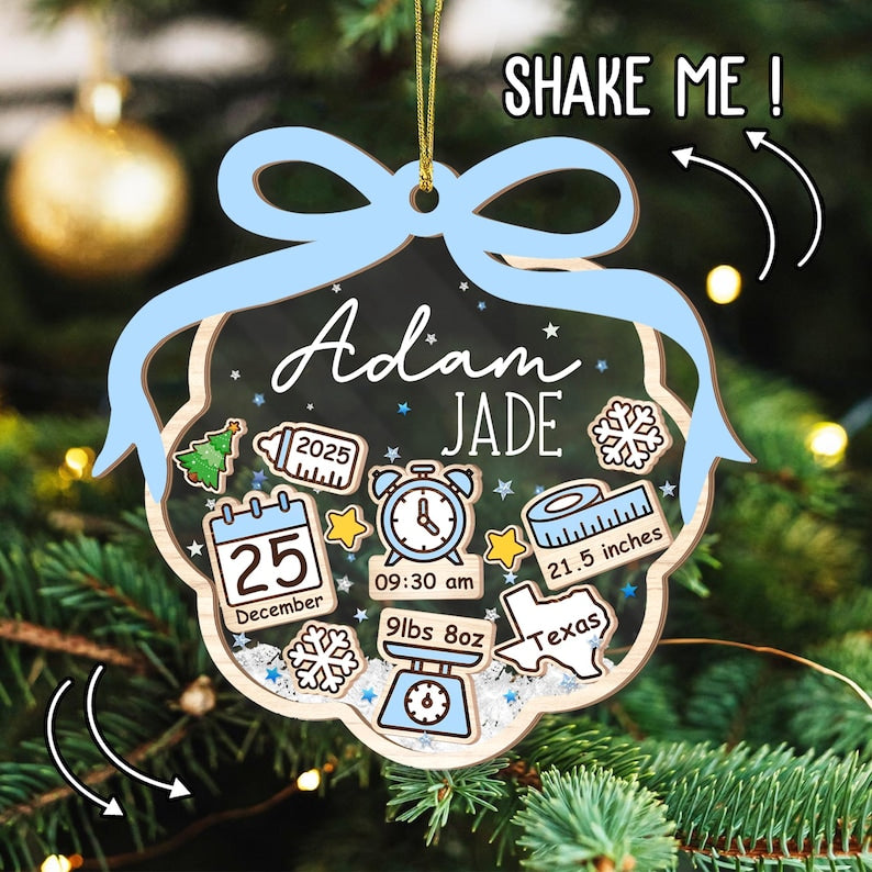 Personalized Baby Stats Christmas Ornament: New born Keepsake, 4D Shaker