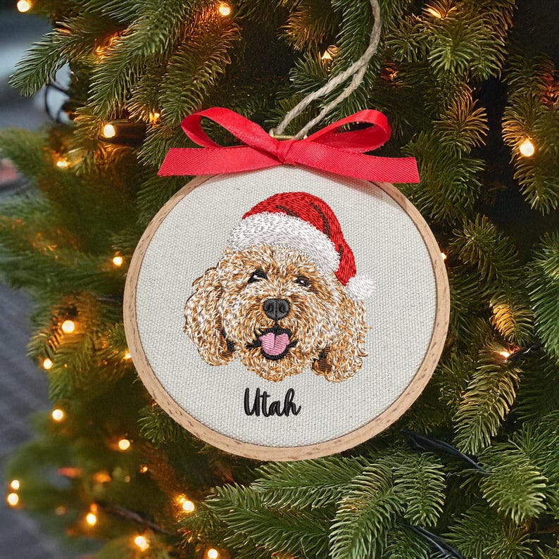 Embroidered Pet Portrait Ornament with Santa Hat, Custom Dog Christmas Gift, Pet Portrait Gift for Pet Lovers, Custom Pet Christmas